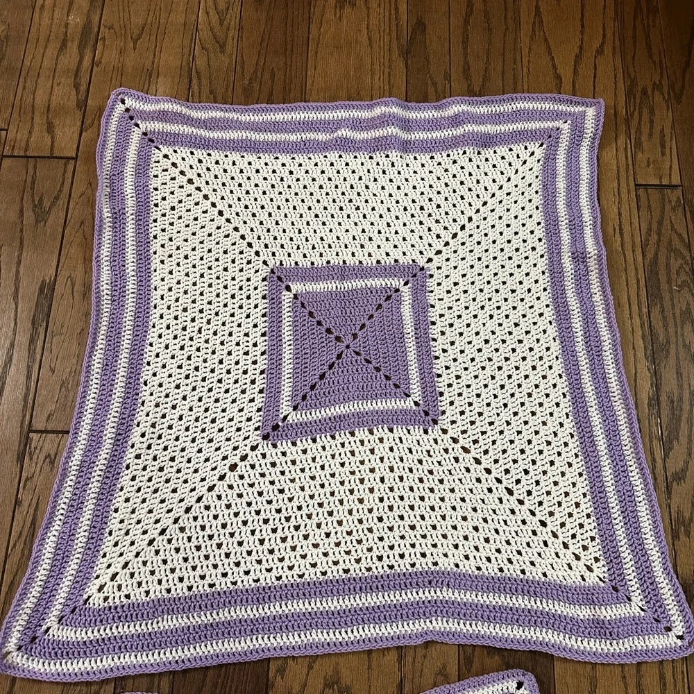 Handmade Crochet Baby Blanket Pair Purple and White